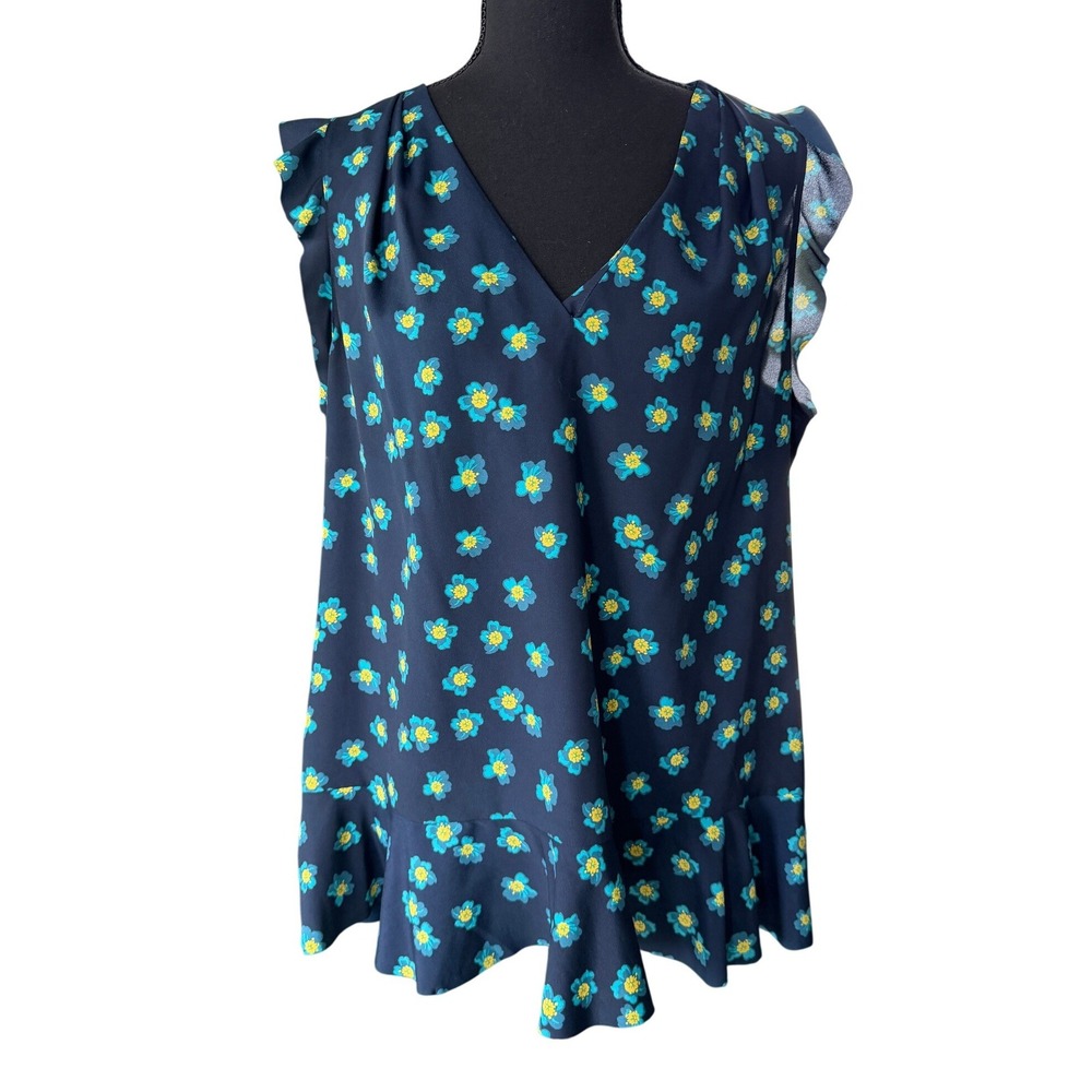 Banana Republic Floral Ruffle Hem V Neck Sleeveless Blouse Blue Large Office